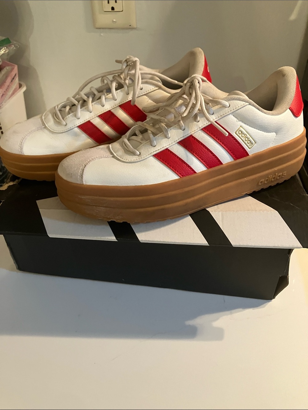 adidas Women’s White & Red Platform Sneakers with Gum Sole